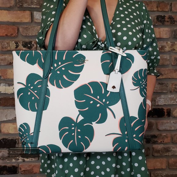 NWT Kate Spade AUTHENTIC Cara Monstera Leaves Large Tote Cream Multi Green Leaf - Picture 3 of 5
